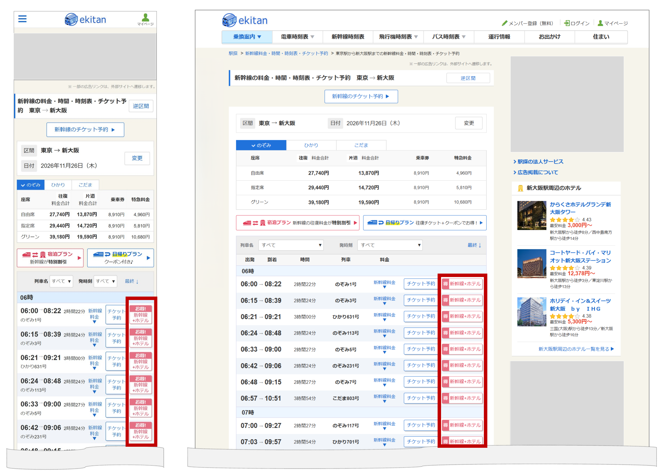 新幹線時刻表の検索結果ページに表示される「新幹線＋ホテル」プランへの案内（東京→新大阪・スマートフォン表示とPC表示）